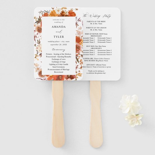 Éventail Programme de mariage floral rouge et orange (Devant et derrière)