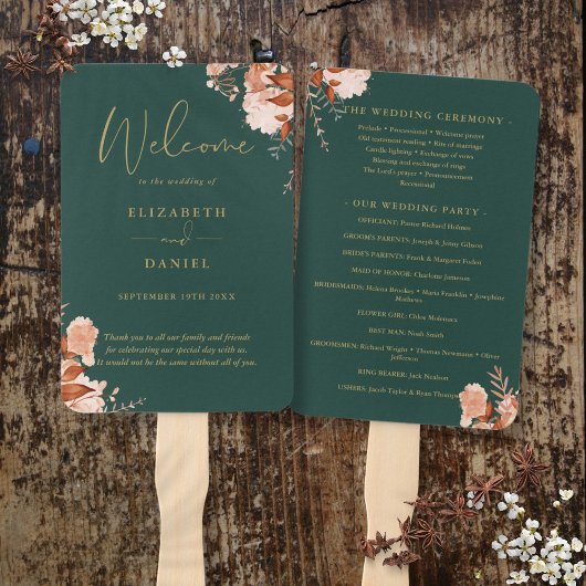 Éventail Programme de mariage floral rustique émeraude et o