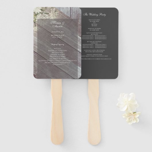 Éventail Programme de mariage floral rustique en bois gris  (Devant et derrière)