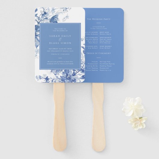 Éventail Programme de Mariage Floral Toile Bleue Français (Devant et derrière)