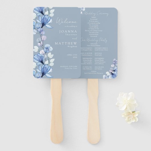 Éventail Programme de mariage floral transparent bleu pouss (Devant et derrière)