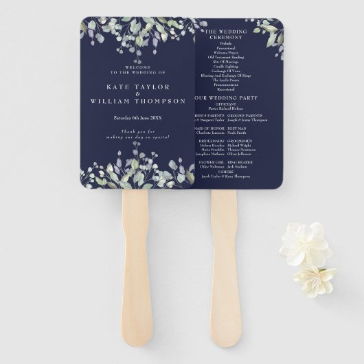 Éventail Programme de mariage floral verdure bleu marine (Devant et derrière)