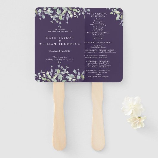 Éventail Programme de mariage floral verdure violet (Devant et derrière)