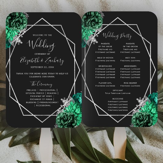 Éventail Programme de mariage floral vert émeraude argent n