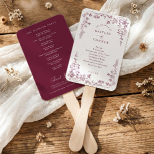 Éventail Programme de mariage floral vintage rouge vin fran