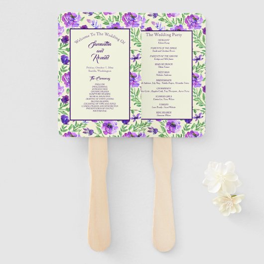 Éventail Programme de mariage floral violet et vert (Devant et derrière)