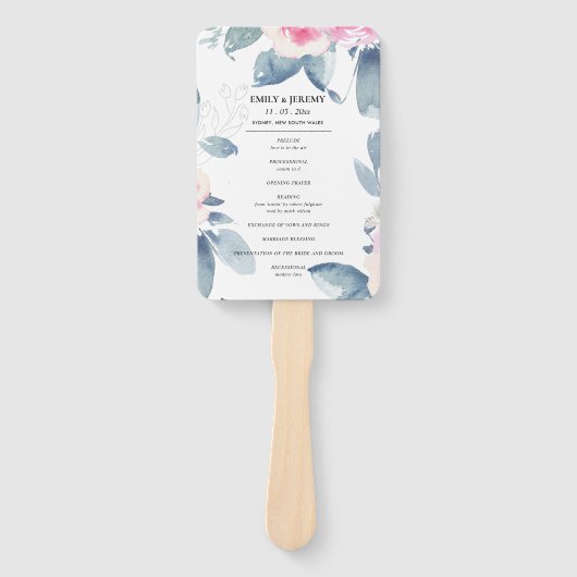 ÉVENTAIL PROGRAMME DE MARIAGE FLORALE DE COULEUR D'EAU BLEU (Devant)