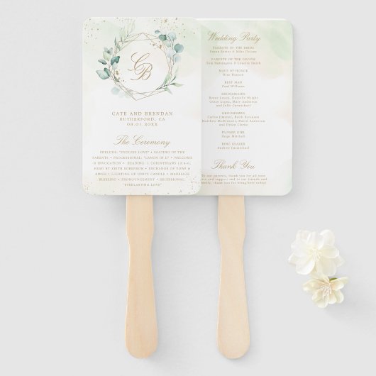 Éventail Programme de mariage géométrique doré à feuillage (Devant et derrière)