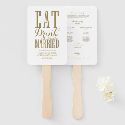 Éventail Programme de mariage Gold Eat Drink and Be Married (Devant et derrière)