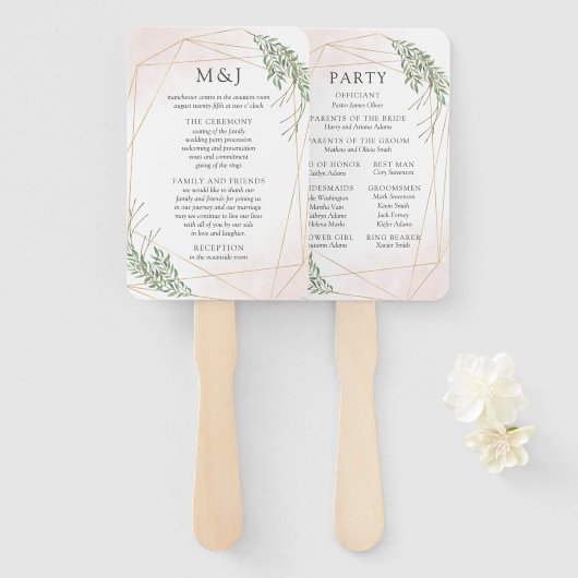 Éventail Programme de mariage Green Leaves & Blush (Devant et derrière)