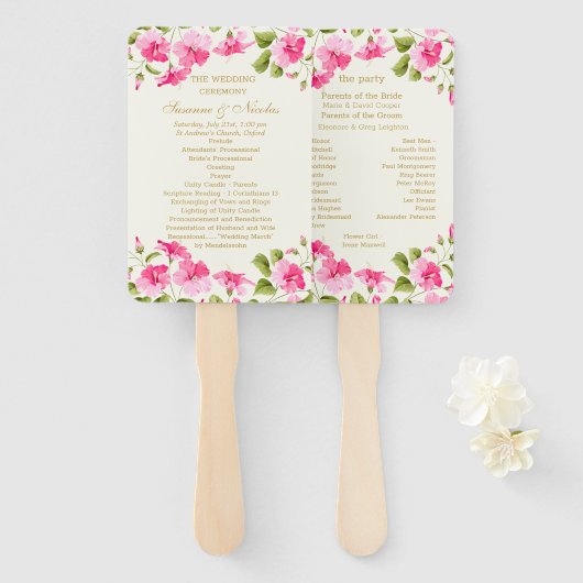 Éventail Programme de mariage Hibiscus rose (Devant et derrière)
