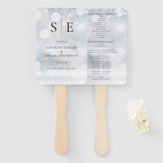 Éventail Programme de mariage hivernal élégant monogramme (Devant et derrière)