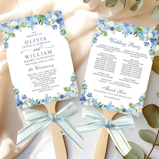 Éventail Programme de mariage Hydrangea Bleu Clair Verdure