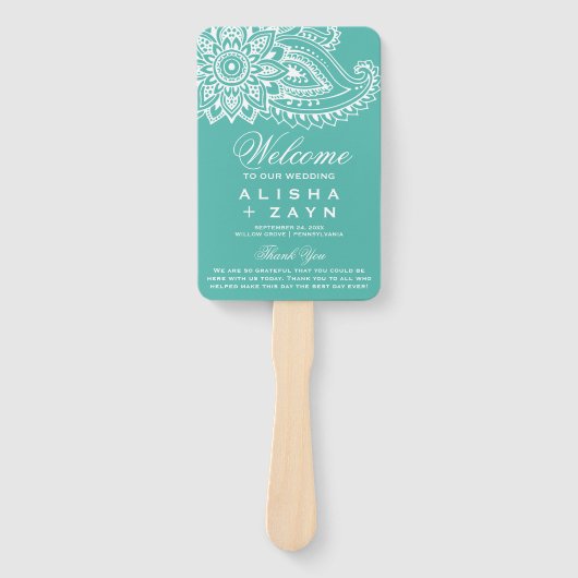 Éventail Programme de mariage indien sarcelle Paisley (Devant)