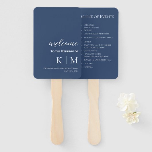 Éventail Programme de mariage moderne à monogramme bleu et (Devant et derrière)