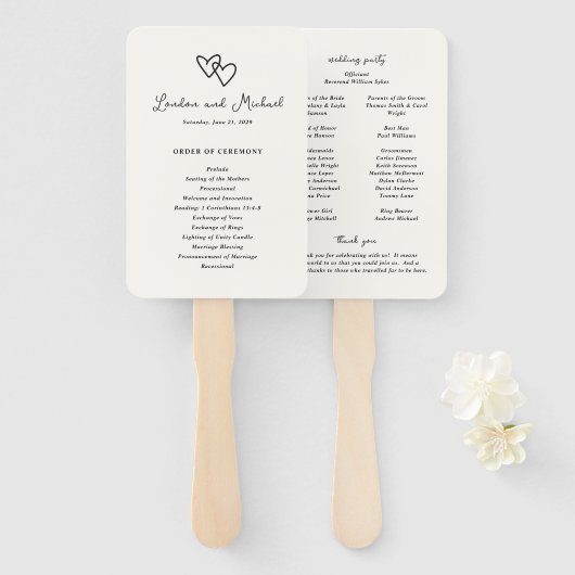 Éventail Programme de mariage moderne avec coeurs dessinés  (Devant et derrière)