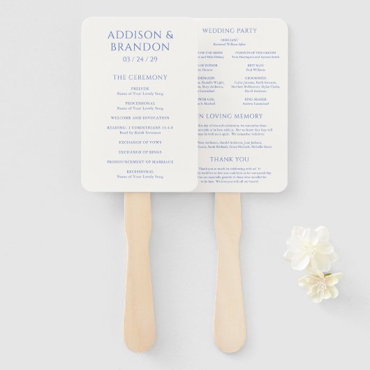 Éventail Programme de mariage moderne bleu élégant (Devant et derrière)