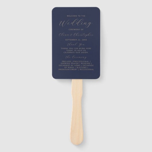 Éventail Programme de mariage moderne bleu navy or écriture (Devant)