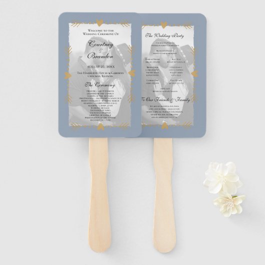 Éventail Programme de mariage moderne bleu poussiéreux avec (Devant et derrière)