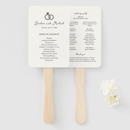Éventail Programme de mariage moderne doodle de bagues dess (Devant et derrière)
