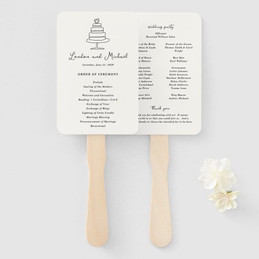 Éventail Programme de mariage moderne gâteau doodle dessiné (Devant et derrière)