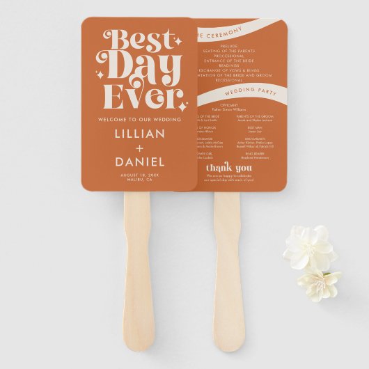 Éventail Programme de mariage moderne rétro orange (Devant et derrière)