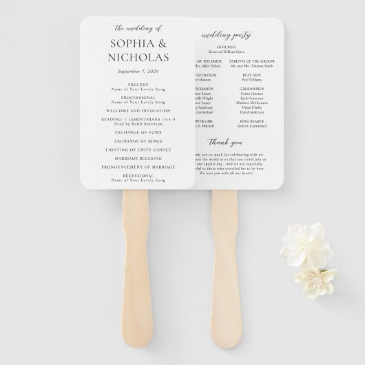Éventail Programme de mariage moderne simple noir et blanc (Devant et derrière)