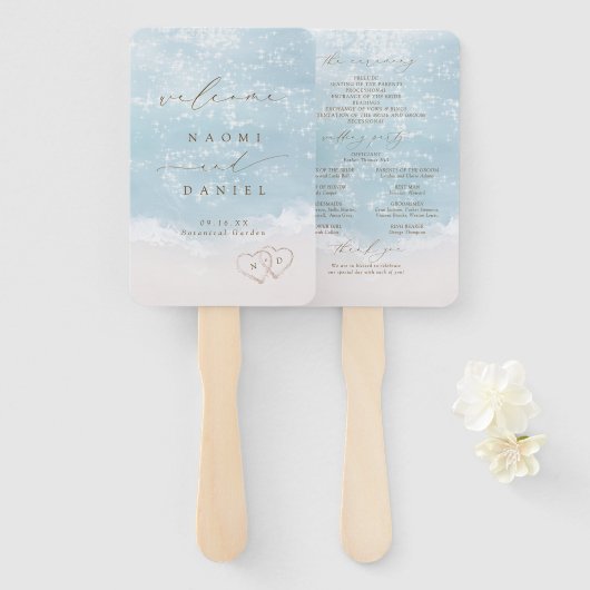 Éventail Programme de mariage moderne sur la plage avec coe (Devant et derrière)