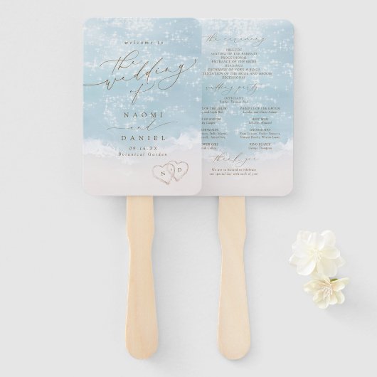 Éventail Programme de mariage moderne sur la plage avec coe (Devant et derrière)