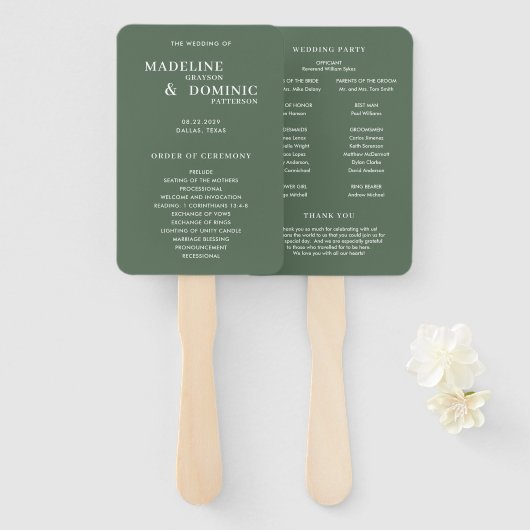 Éventail Programme de mariage moderne vert forêt de Madelin (Devant et derrière)
