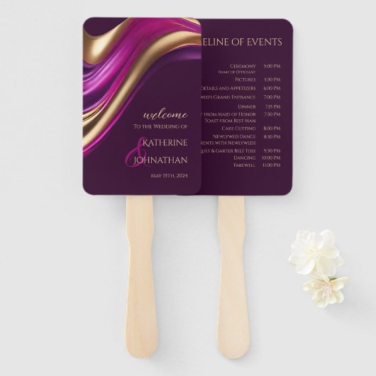 Éventail Programme de mariage-moderne violet Fuchsia et or- (Devant et derrière)