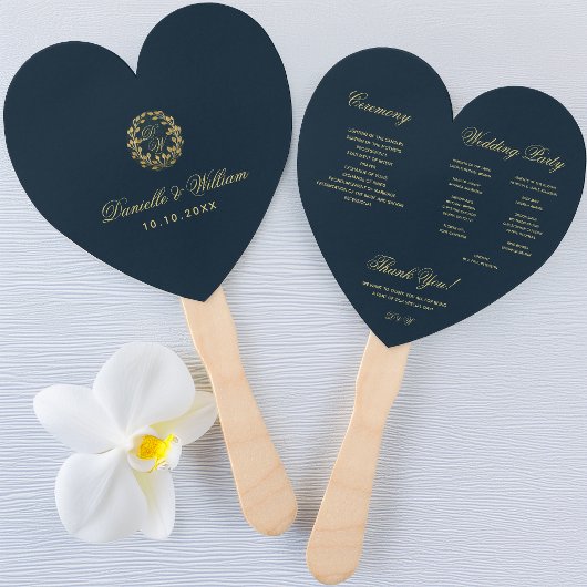 Éventail Programme de mariage Monogramme dans un cœur bleu