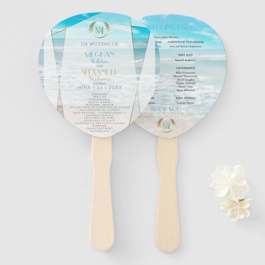 Éventail Programme de mariage | Monogramme moderne Plage gé (Devant et derrière)