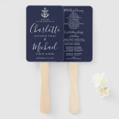 Éventail Programme de mariage nautique à l'ancre bleu marin (Devant et derrière)