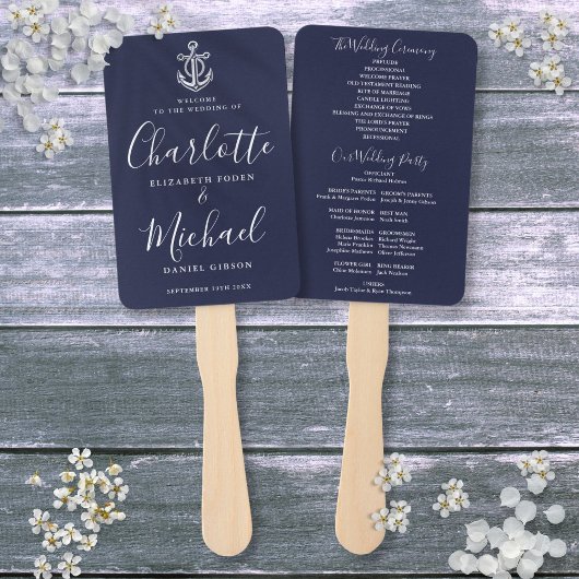 Éventail Programme de mariage nautique à l'ancre bleu marin