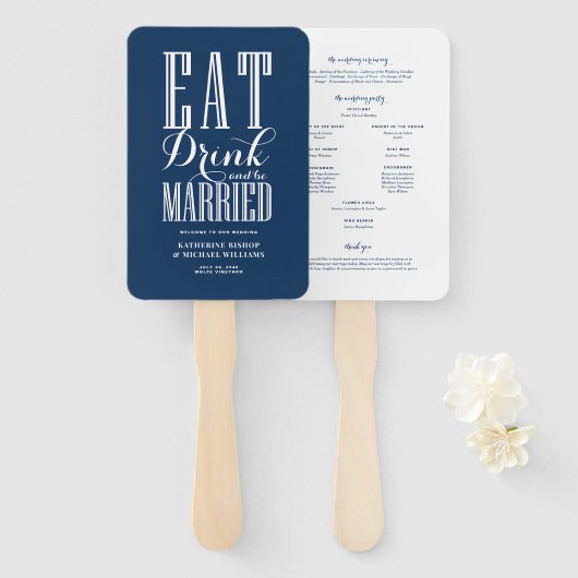Éventail Programme de mariage Navy Blue Manger Boire et êtr (Devant et derrière)