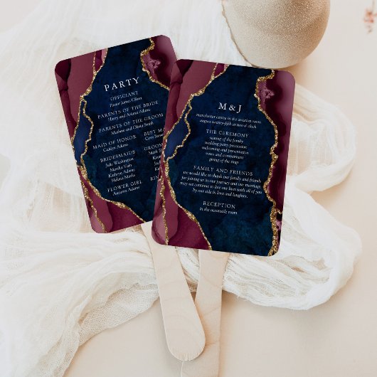 Éventail Programme de mariage Navy, Bourgogne & Agate dorée