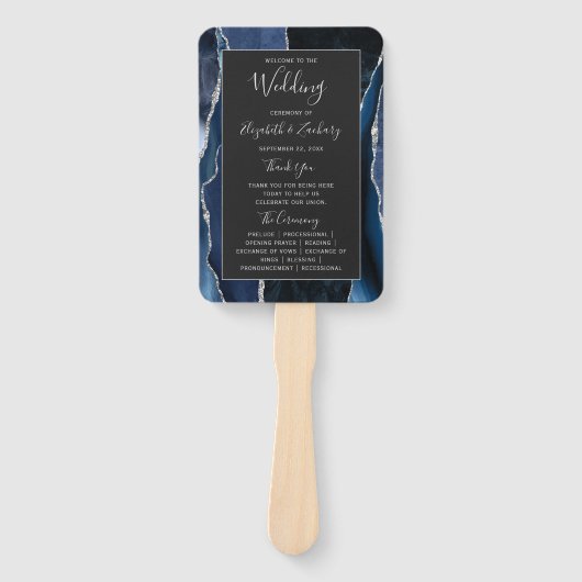 Éventail Programme de mariage noir bleu marine en argent (Devant)
