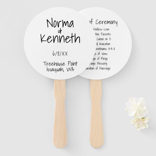 Éventail Programme de mariage noir et blanc simple (Devant et derrière)