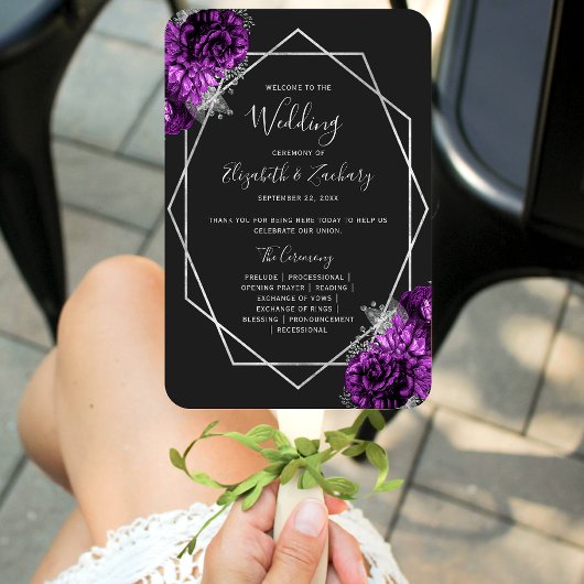 Éventail Programme de mariage noir géométrique argent flora
