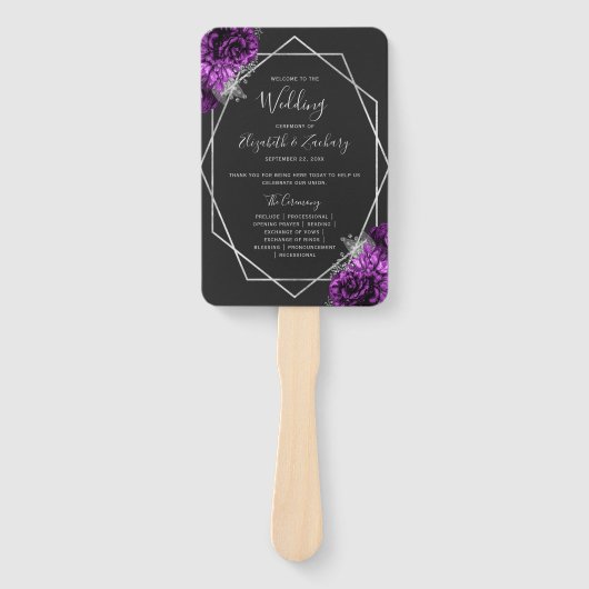 Éventail Programme de mariage noir géométrique argent flora (Devant)