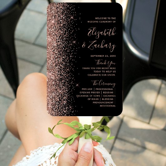 Éventail Programme de mariage noir rose or paillettes