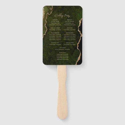 Éventail Programme de mariage Olive Green Gold Agate Script (Dos)
