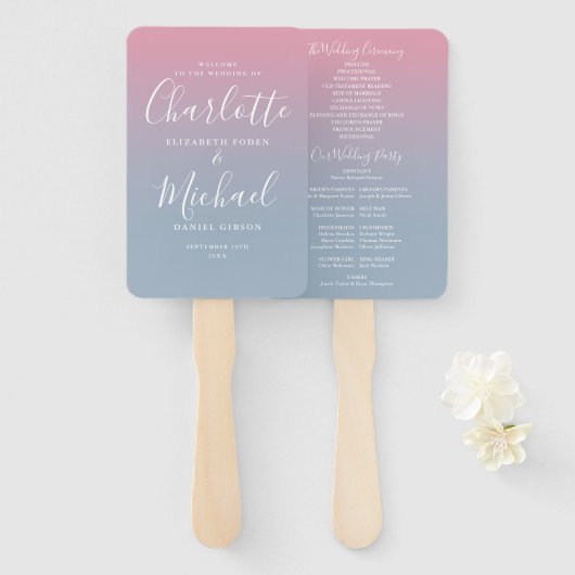 Éventail Programme De Mariage Ombre Rose Et Dusty Blue (Devant et derrière)