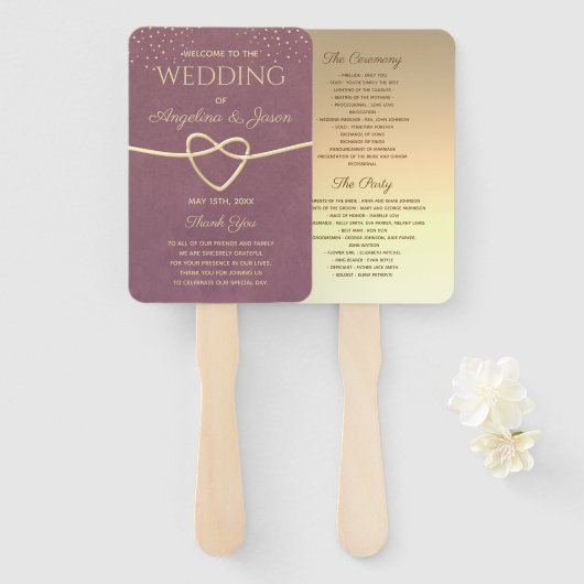 Éventail Programme de mariage or et violet (Devant et derrière)