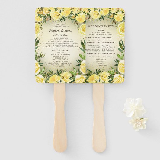 Éventail Programme de mariage paillettes dorées florales ja (Devant et derrière)