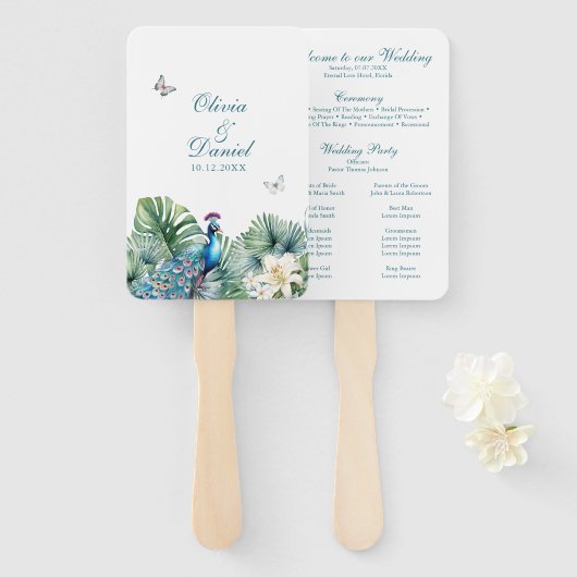 Éventail Programme de mariage Paon Fleurs Tropicales Sarcel (Devant et derrière)