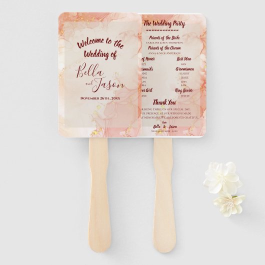 Éventail Programme de mariage Peach Gold Orange Marble Part (Devant et derrière)