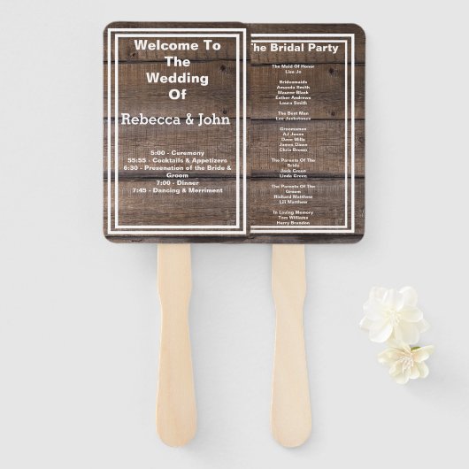 Éventail Programme de mariage personnalisé en bois rustique (Devant et derrière)