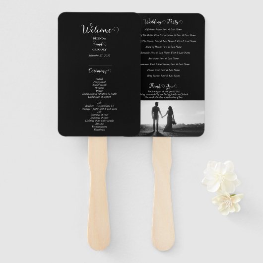 Éventail Programme de mariage photo en noir et blanc (Devant et derrière)
